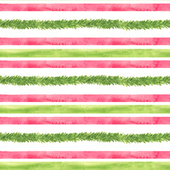 Watercolor hand drawn seamless pattern with  abstract red and green stripes and fir branch isolated on white background.