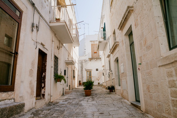 Scenic sight in old town with green plants in Ostuni, Apulia (Puglia), southern Italy.