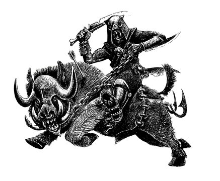 Orc on the boar. Fantasy pencil drawing. Monster creature illustration. 