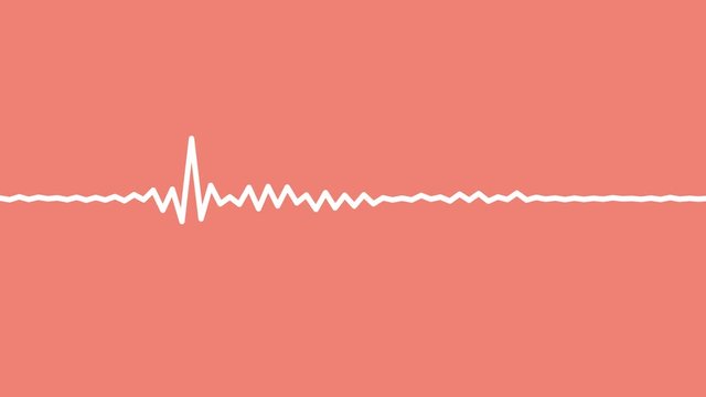 Graphic loop of rythmic white audio frequency sound wave on living coral background - with alpha channel