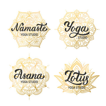 Golden lettering yoga logo set