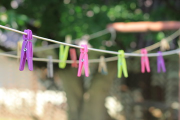 rope with color linen clips  in the garden