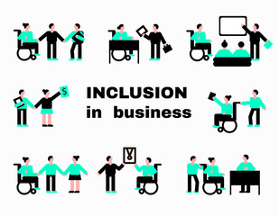 Vector icon set of handicapped man and woman in simple  style. Inclusion in business. Perople co working g with  disabled in one team. Invalid person involved in social life. Cripple on a wheelchair.