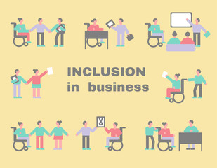Vector icon set of handicapped man and woman in simple style. Inclusion in business. Perople co working with  disabled in one team. Invalid person involved in social life. Cripple on a wheelchair.