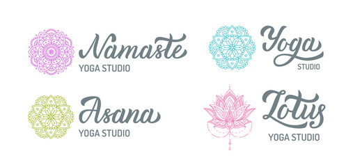 Fototapeta na wymiar Yoga studio logo set with mandalas isolated on white background. Hand lettering elements. Vector illustration.