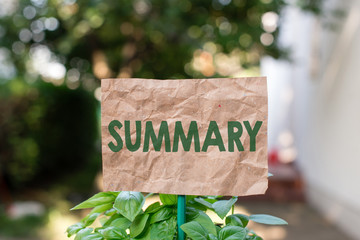 Word writing text Summary. Business photo showcasing a brief statement or account of the main...