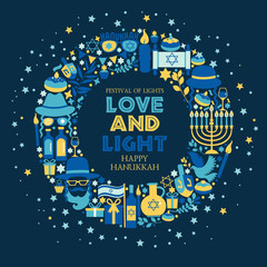 Jewish holiday Hanukkah greeting card traditional Chanukah symbols- dreidels spinning top, donuts, menorah candles, oil jar, star David illustration in wreath. - obrazy, fototapety, plakaty