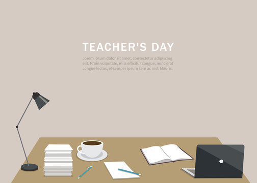 Vector flat illustration of woman in workspace reading a book. Concept world book day. National read a book day. Holiday.  School, university, college worker. Education, knowledge, studing process.