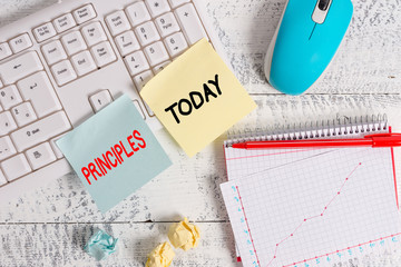 Text sign showing Principles. Business photo text fundamental truth that serves as the base for a system of belief Writing equipments and computer stuffs placed above classic wooden table