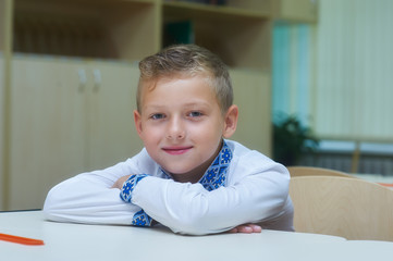 Fototapeta premium Elementary school student in the classroom . Portrait of a boy in a school classroom