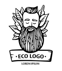 Eco nature logo. Hipster head with blooming beard with leafs. Hand-Drawn Vector Illustration. Bearded man emblem for eco products.