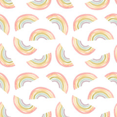 Watercolor hand drawn seamless pattern with abstract rainbow in warm colors palette isolated on white background