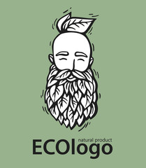 Eco nature logo. Hipster head with blooming beard with leafs. Hand-Drawn Vector Illustration. Bearded man emblem for eco products.