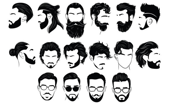Set of hairstyles for men. Collection of black silhouettes of hairstyles and beards. Vector illustration for hairdresser.