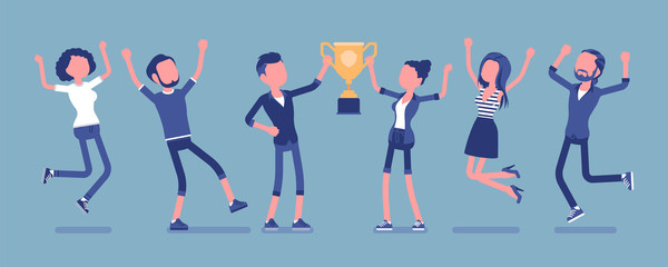 Winner team with business trophy. Happy employees winning on training and coaching competition, corporate championship victory. Vector illustration with faceless characters