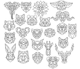 Set of polygonal animal portraits. Collection of geometric animal heads. Black white illustration. Linear art. Tattoo.