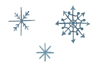 Watercolor hand drawn set of three dark blue snowflakes  sign of winter or cold weather,  isolated on white background. 