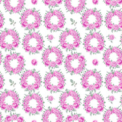 Watercolor hand drawn seamless pattern with pink roses wreath and leaves  isolated on white background. Good for background, wrapping paper, fabric  and other.