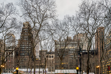 New York City, NY, USA - December, 2018 - Streets of Manhattan, Skyline view from Bryant Park.