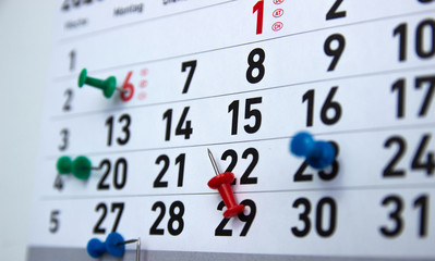Calendar, diary with marks of significant and special dates.
