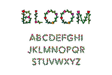 Bloom beautiful floral hand drawn vector font. Abc alphabet with vibrant plants for wedding postcards prints posters