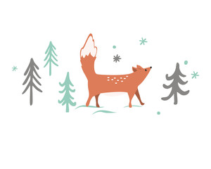 Christmas card background with Winter forest background. Cute fox, trees and snowflaces. Vector illustration