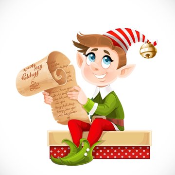 Cute cartoon elf Santa's assistant sitting on box with gift and holding parchment in hands isolated on a white background