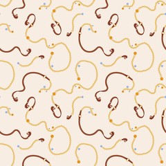 Trendy chain belts vector seamless pattern. Leather tassels with golden metal chain illustration on pastel background. Fashionable female accessory wrapping paper, wallpaper textile design.