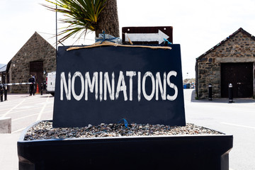 Text sign showing Nominations. Business photo showcasing the act of officially suggesting someone...