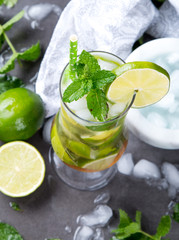 Mohito lime drinks on wooden with blur beach background. Fresh drinks with fruits on wood. Summer concept