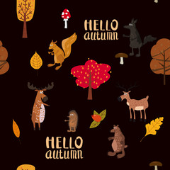 Autumn forest cute animals seamless pattern with trees leaves
