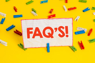 Conceptual hand writing showing Faq S. Concept meaning list of questions and answers relating to particular subject Colored clothespin papers empty reminder yellow floor office