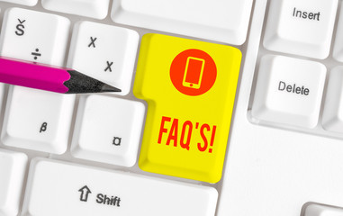 Word writing text Faq S. Business photo showcasing list of questions and answers relating to...