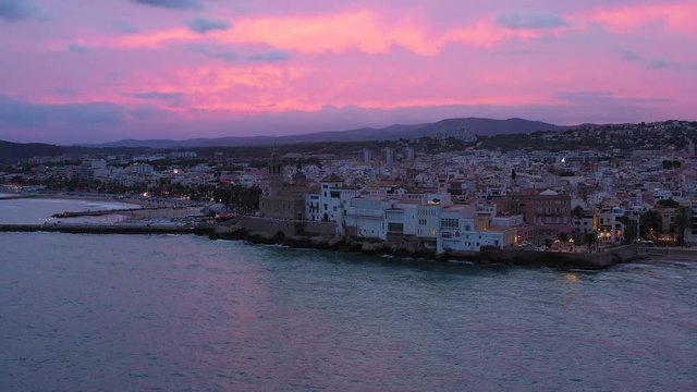 Barcelona Sitges Spain. Church of San Bartolome and Santa Tecla. Aerial drone photo from sea