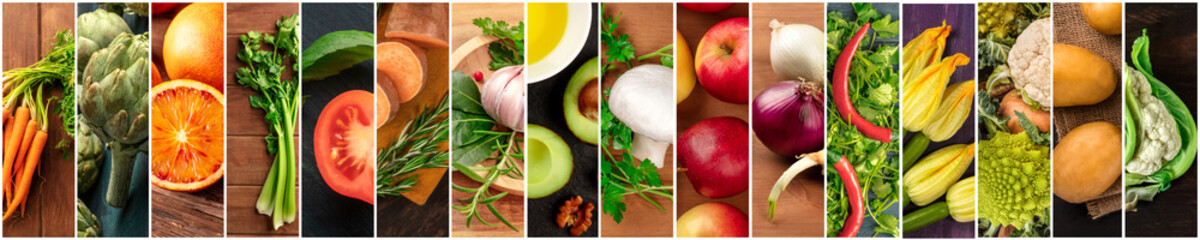 Organic Food Collage. Many photos of fresh vegetables, vegan design