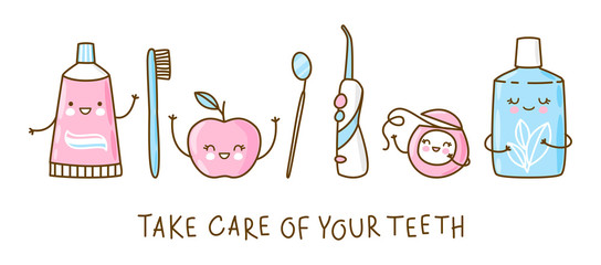 Set of cute objects for dental care isolated on white - funny toothpaste, brush, apple, irrigator,  mirror, dental floss and mouthwash