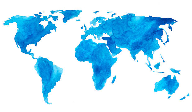 Watercolor paint blue world map isolated on white for Your design