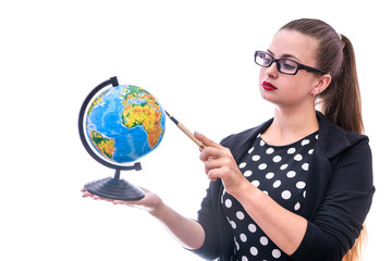 Woman holding globe and pointing on it isolated on white