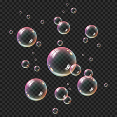Realistic transparent bubbles set for dark background, isolated