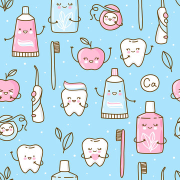 Seamless pattern with cute teeth and objects for dental care on blue background - funny toothpaste, brush, apple, irrigator, dental floss and mouthwash
