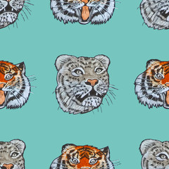 Seamless pattern with the image of a tiger and a leopard on a turquoise background.