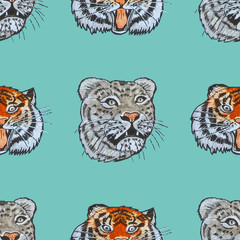 Seamless pattern with the image of a tiger and a leopard on a turquoise background.