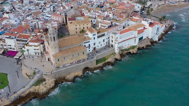 Sitges. Beautiful Spain. Church of Sant Bartomeu & Santa Tecla. Aerial photo