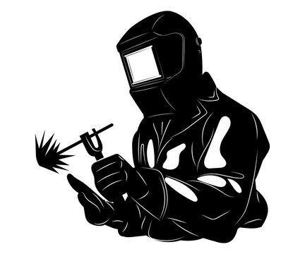 recommend clip art: Welder welds metal. Black and white illustration of a welder in work clothes. Linear art. Silhouette of a welder. Vector logo.