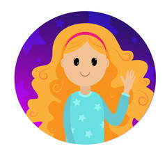 Young pretty smiling girl with blond curly long hair waves her hand. Vector girl icon.