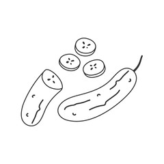 Simple vector linear hand drawn illustration of cucumber ingredient with slices. Trendy flat naive style handdrawn drawing of vegetable. healthy diet cooking ingredient, black and white line art.