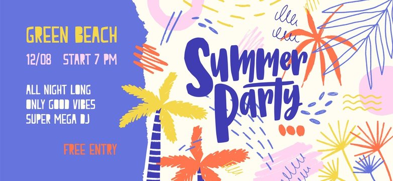 Summer party vector banner template. Open air festival invitation decorated with palm trees and colorful scratches. Music fest ticket. Seasonal outdoor dance party, concert poster design.