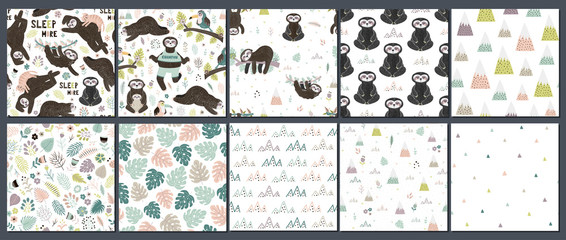 Cute set of sloths seamless patterns © juliyas