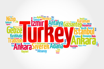 List of cities in Turkey, map silhouette word cloud, business and travel concept background