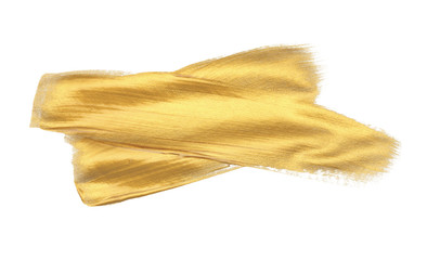 Gold (bronze) glittering color smear brush stroke stain blot on white background. Abstract Paint texture.